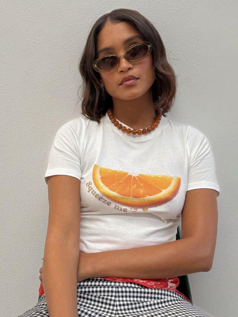 Product image 4 of 5, which shows Never Fully Dressed Squeeze Me Orange T-Shirt, White, XS