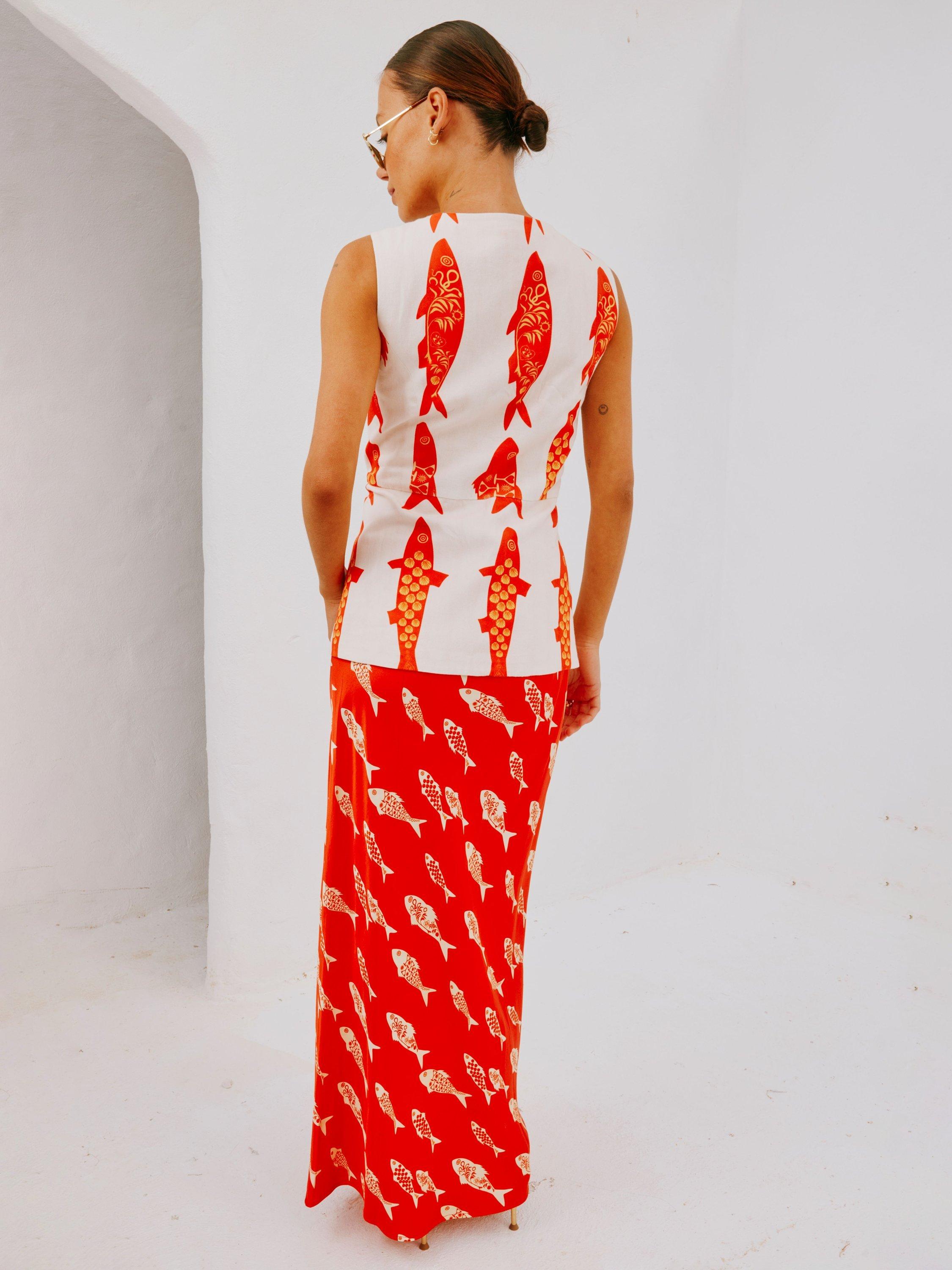 Product image 3 of 5, which shows Never Fully Dressed Marina Sol Animal Print Cotton Waistcoat, White/Orange, 6