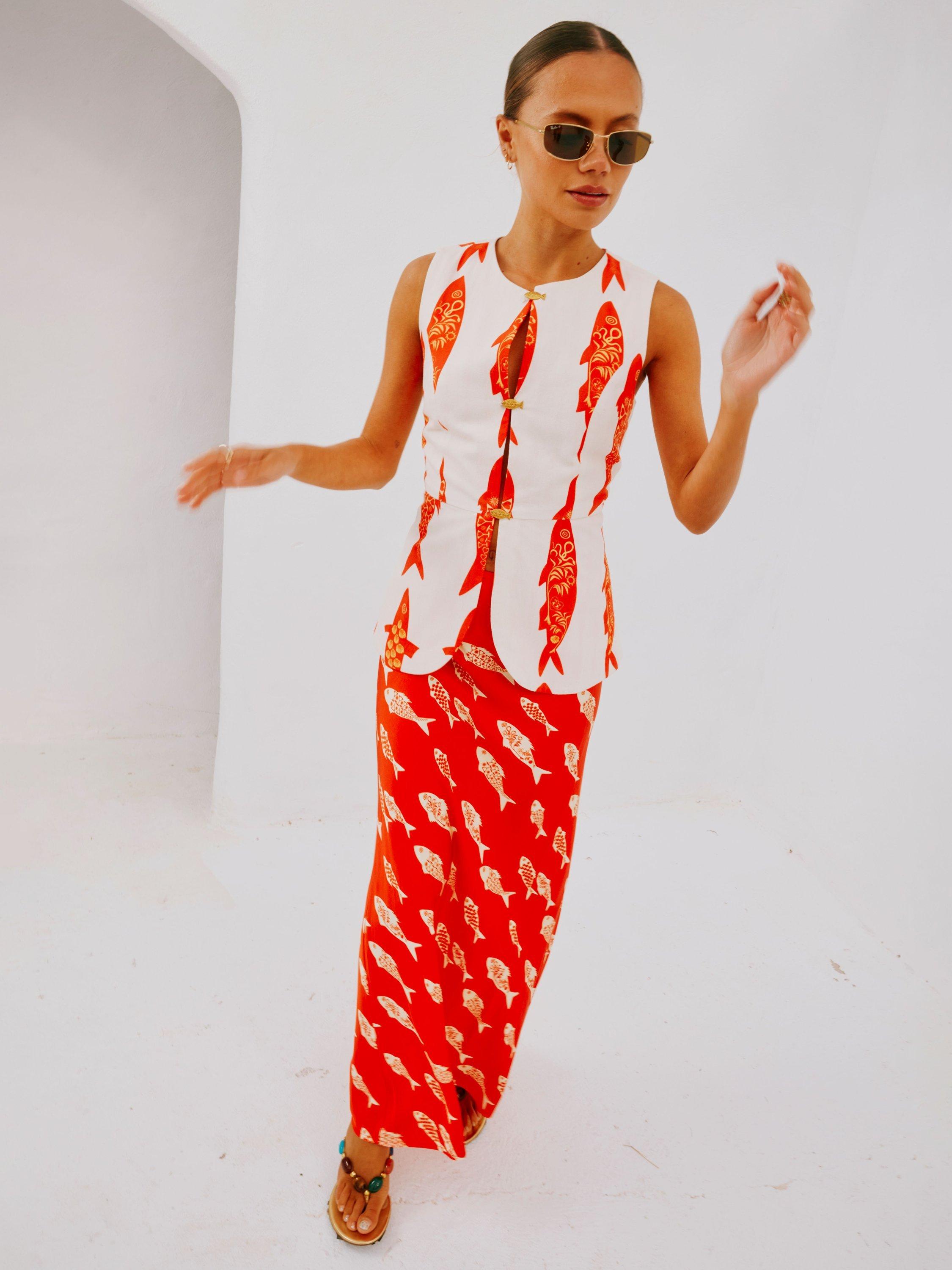 Product image 4 of 5, which shows Never Fully Dressed Marina Sol Animal Print Cotton Waistcoat, White/Orange, 6
