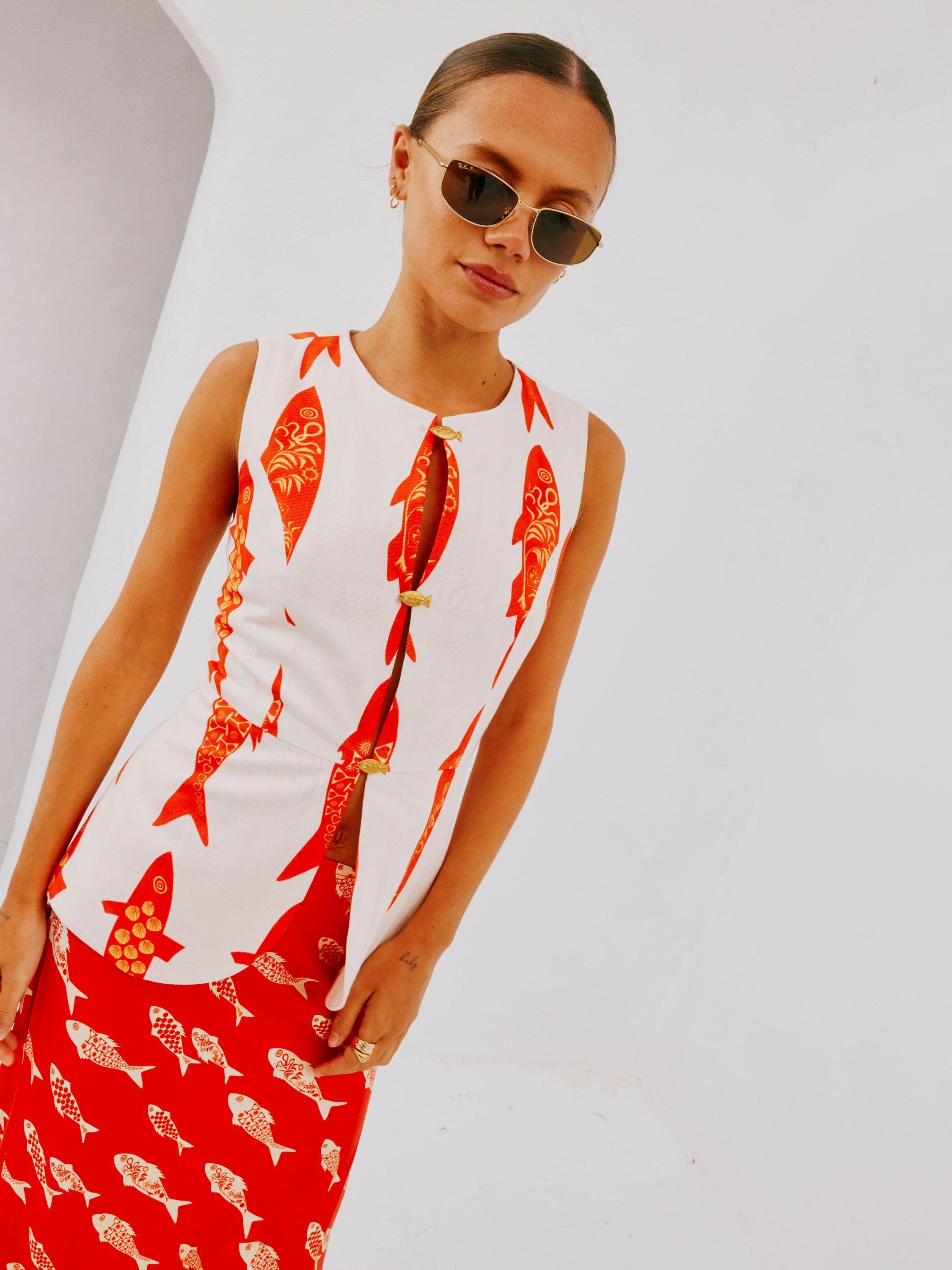 Product image 5 of 5, which shows Never Fully Dressed Marina Sol Animal Print Cotton Waistcoat, White/Orange, 6