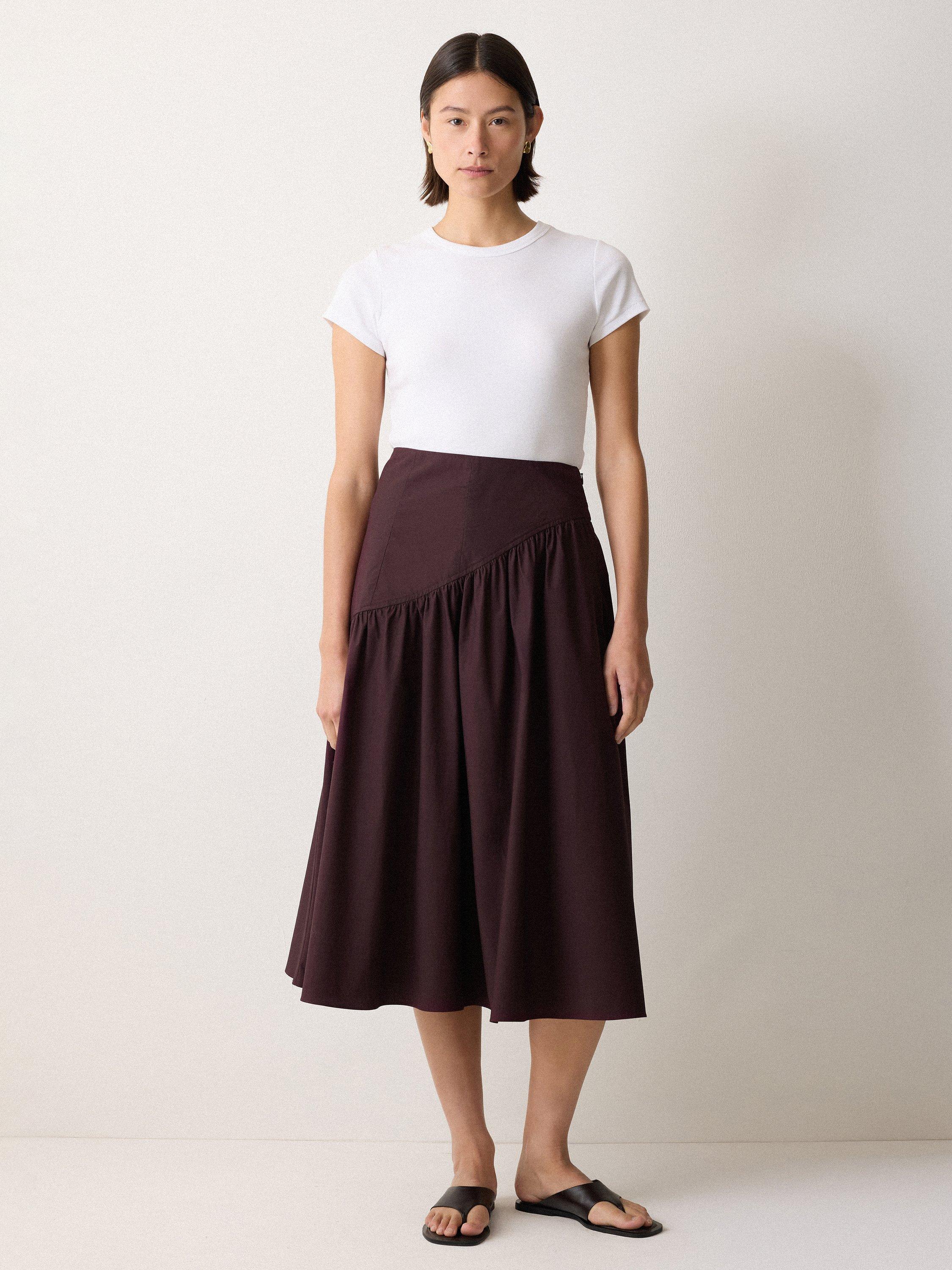 Product image 1 of 5, which shows Jigsaw Cotton Poplin Asymmetric Midi Skirt, Oxblood, 6