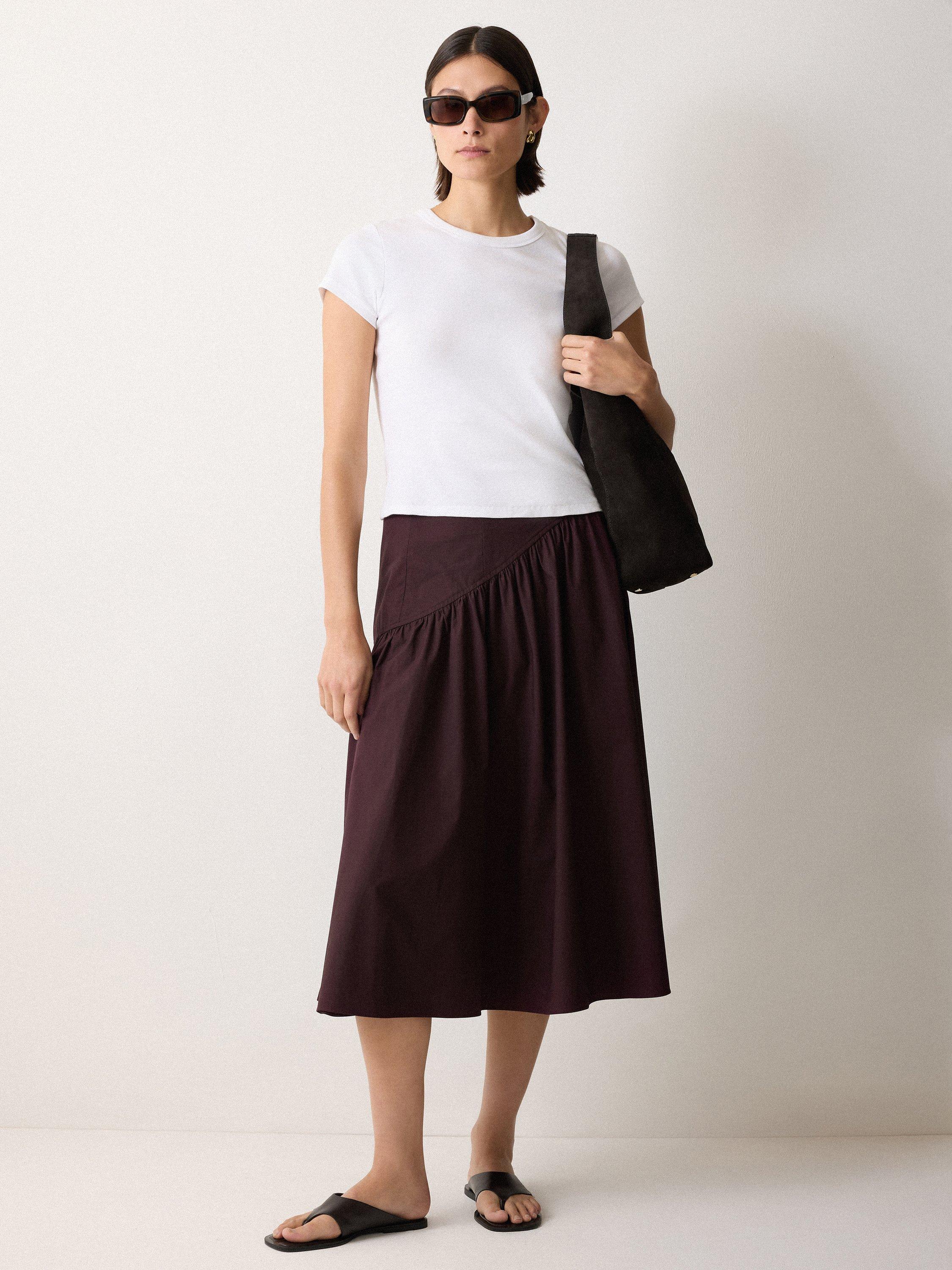 Product image 4 of 5, which shows Jigsaw Cotton Poplin Asymmetric Midi Skirt, Oxblood, 6