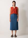 Jigsaw Denim Stitched Waist Midi Skirt, Vintage Mid Blue