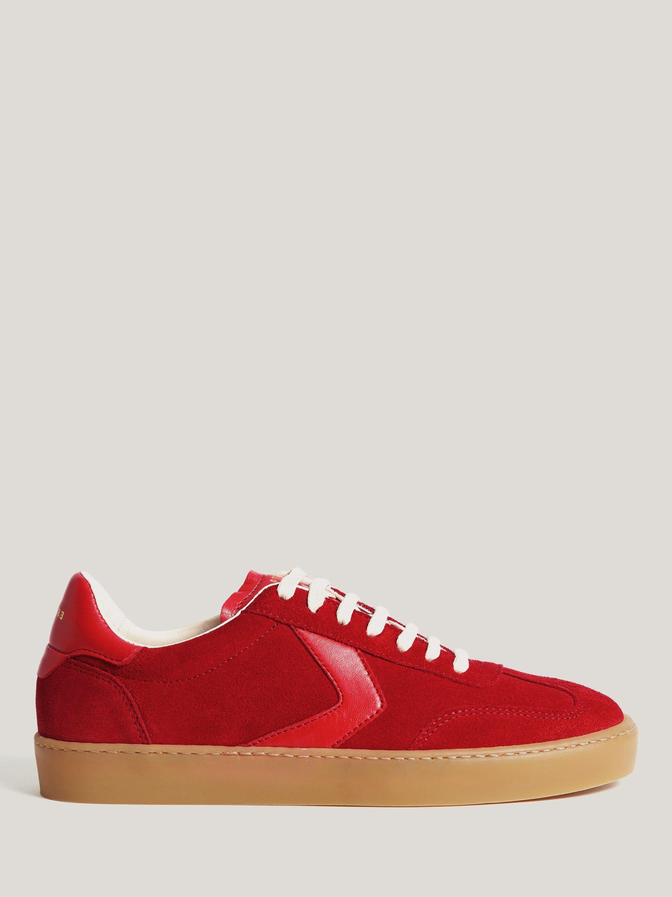 Product image 1 of 6, which shows Jigsaw Portland Suede Vintage Classic Trainers, Red, EU36