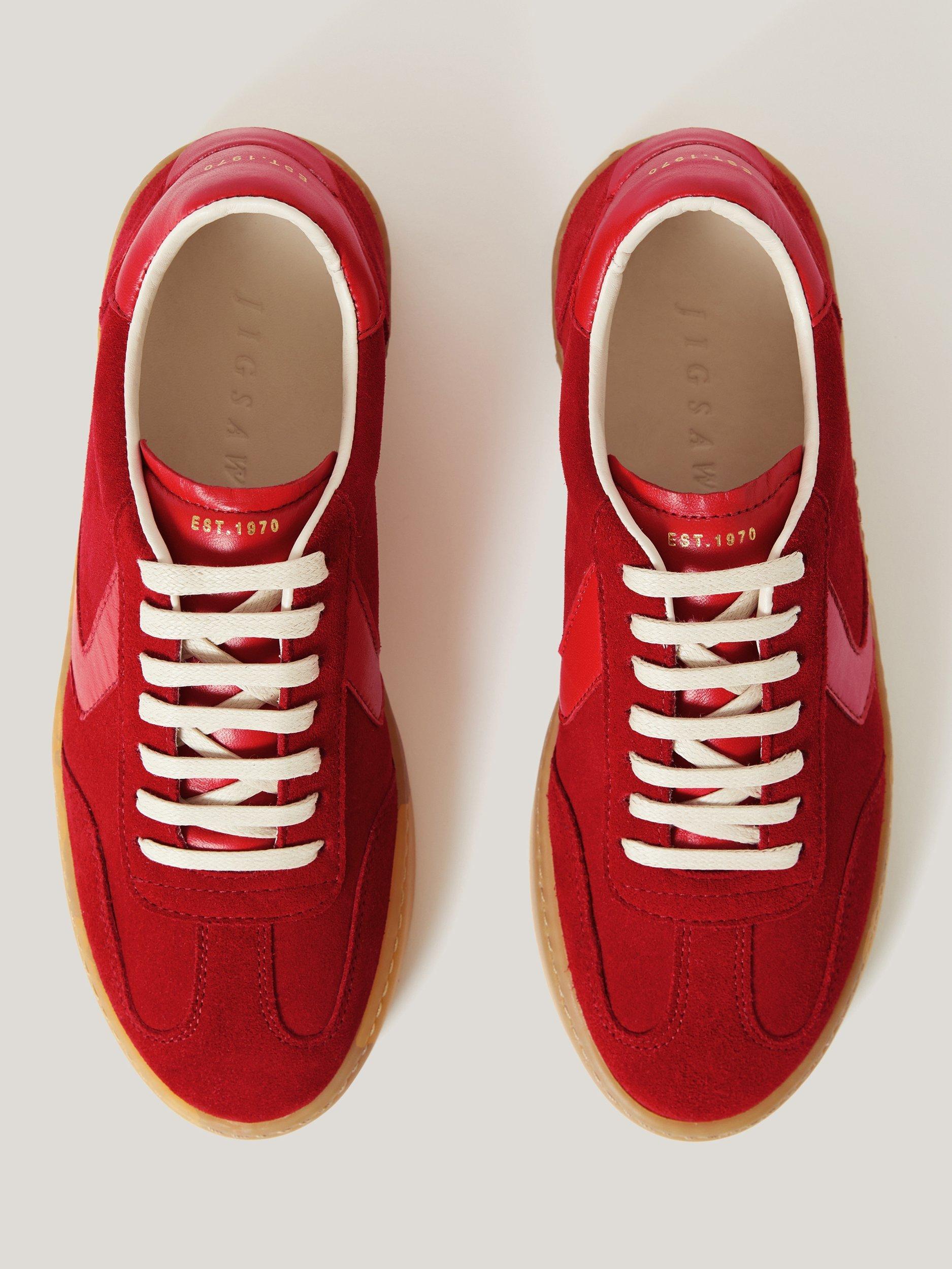 Product image 3 of 6, which shows Jigsaw Portland Suede Vintage Classic Trainers, Red, EU36
