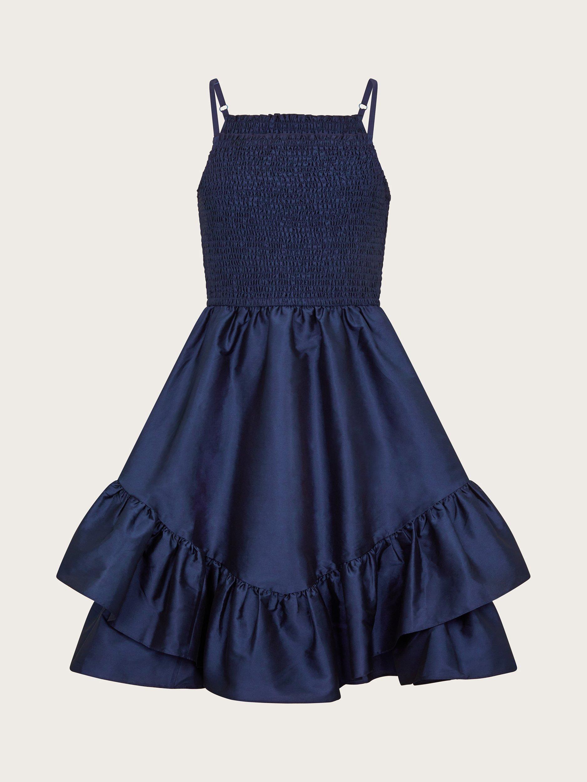 Product image 2 of 4, which shows Monsoon Kids' Clariska Sleeveless Shirred Dress, Navy, 9 years