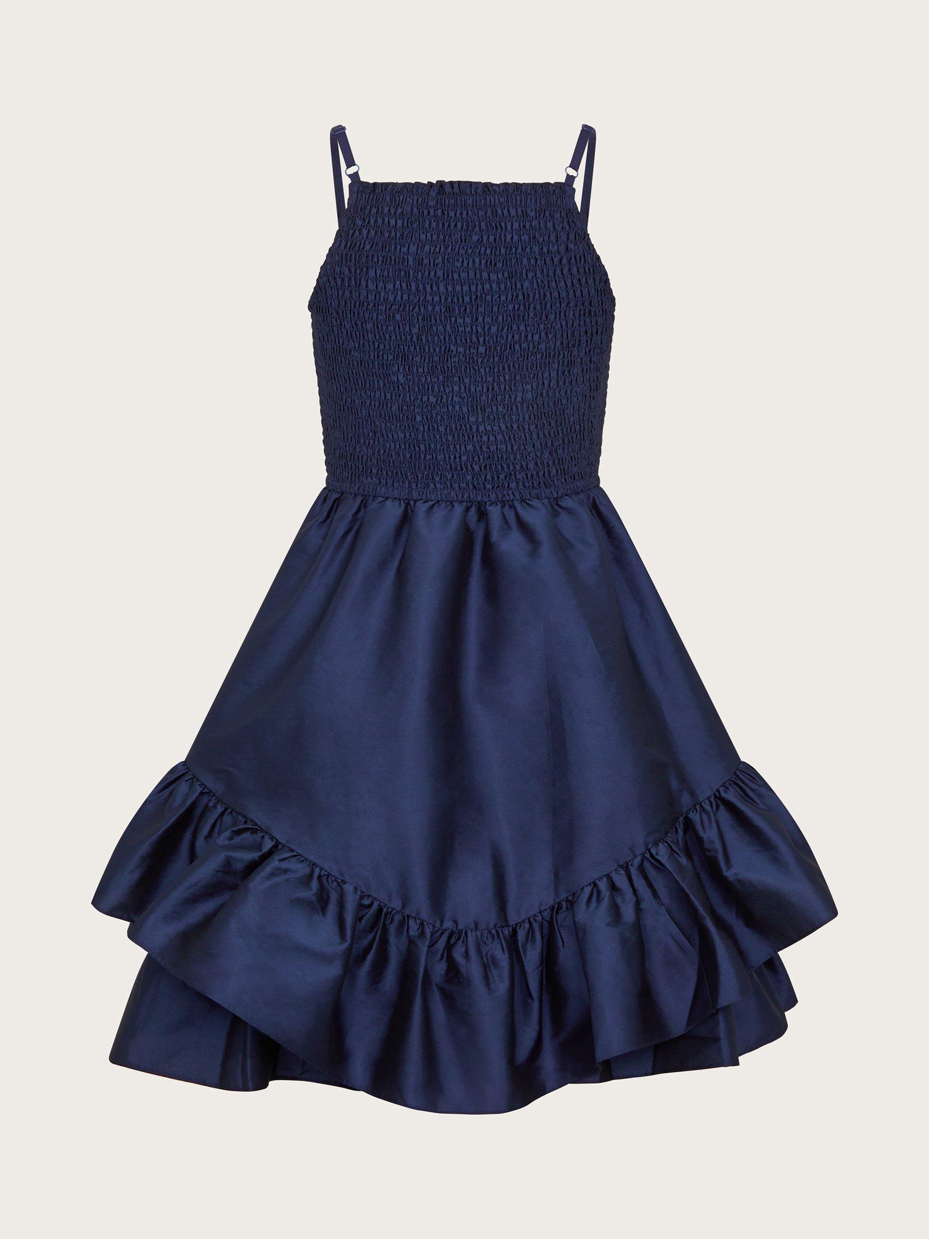 Product image 3 of 4, which shows Monsoon Kids' Clariska Sleeveless Shirred Dress, Navy, 9 years