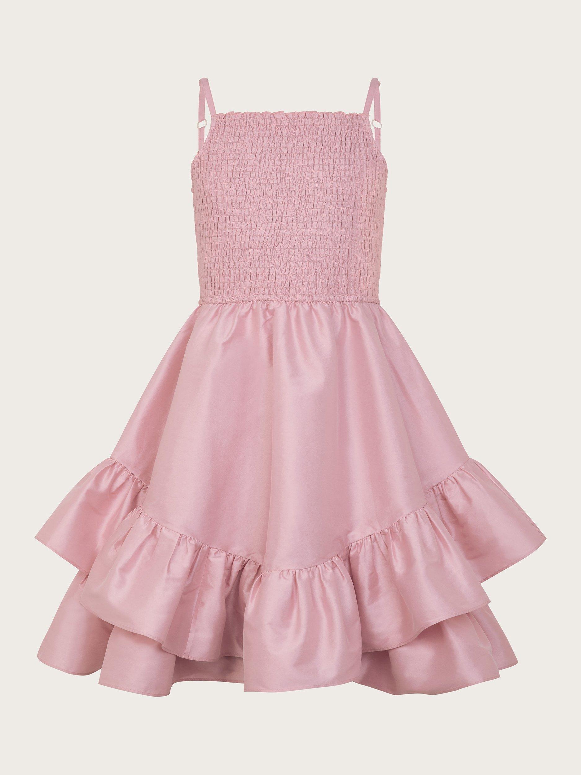Product image 1 of 3, which shows Monsoon Kids' Clariska Sleeveless Smock Frill Dress, Pink, 8 years