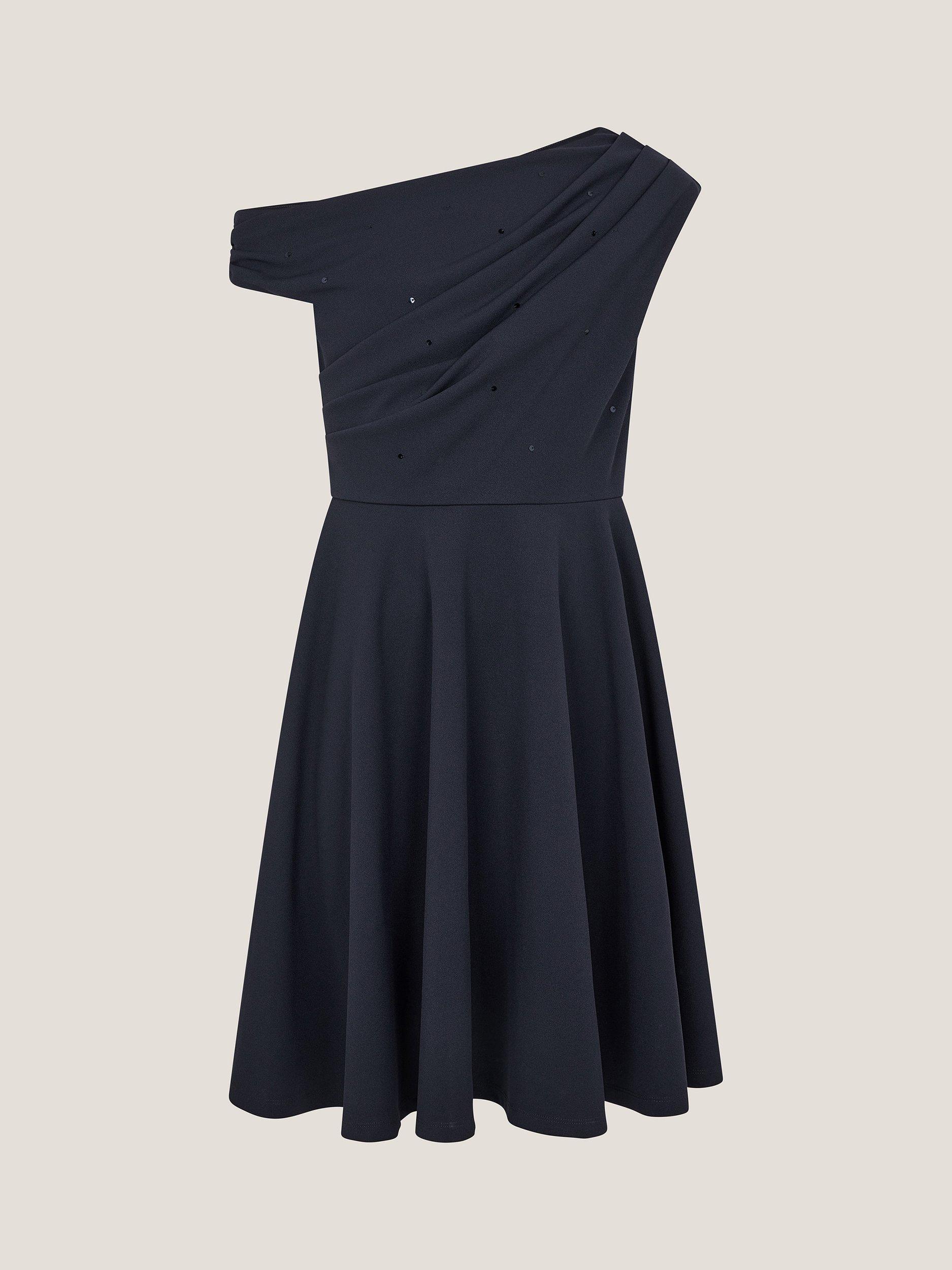 Product image 1 of 3, which shows Monsoon Kids' One-Shoulder Sequin Skater Dress, Navy, 9 years