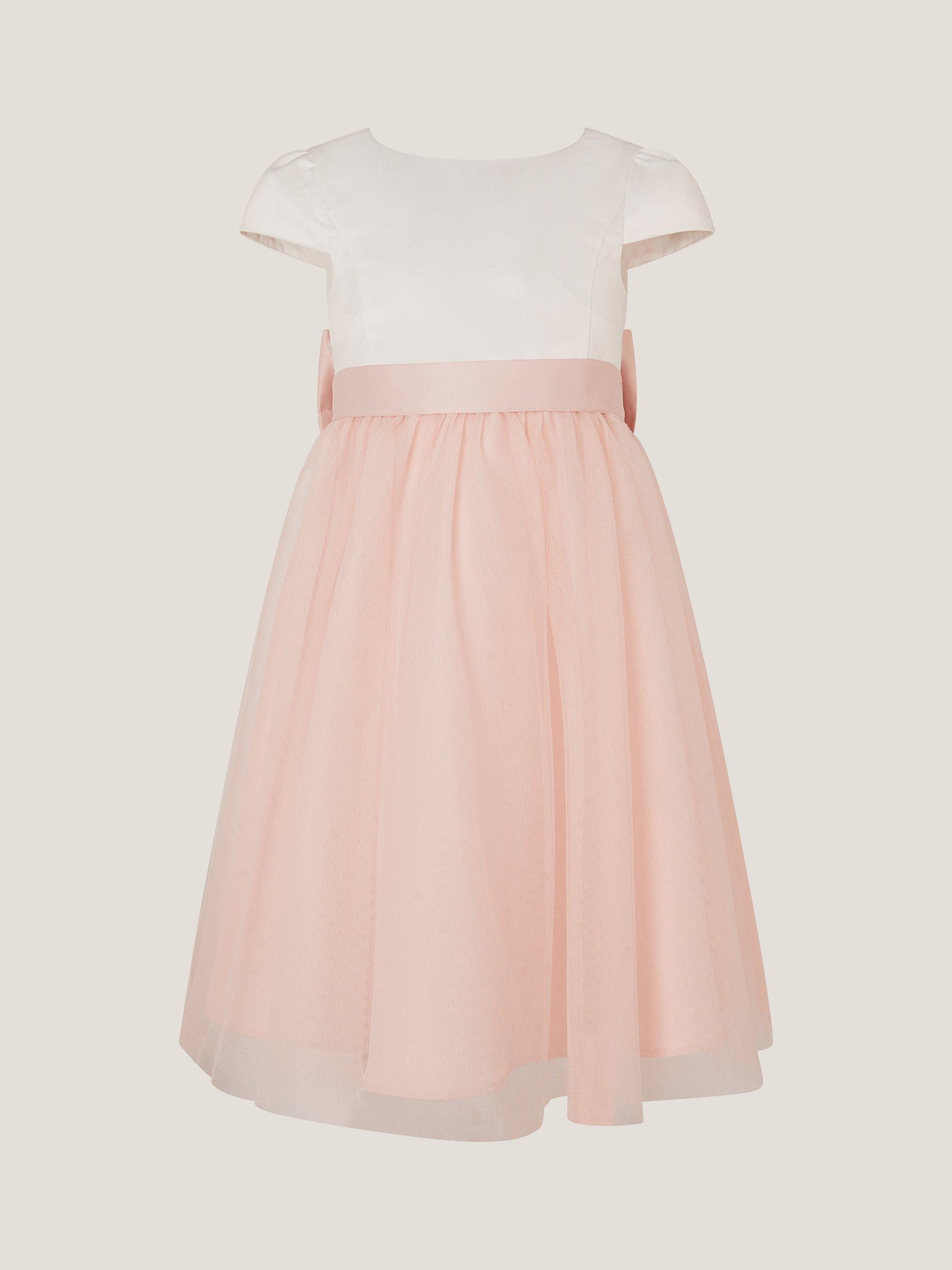 Product image 1 of 3, which shows Monsoon Kids' Satin Tulle Short Sleeved Bridesmaid Dress, Pink, 3 years