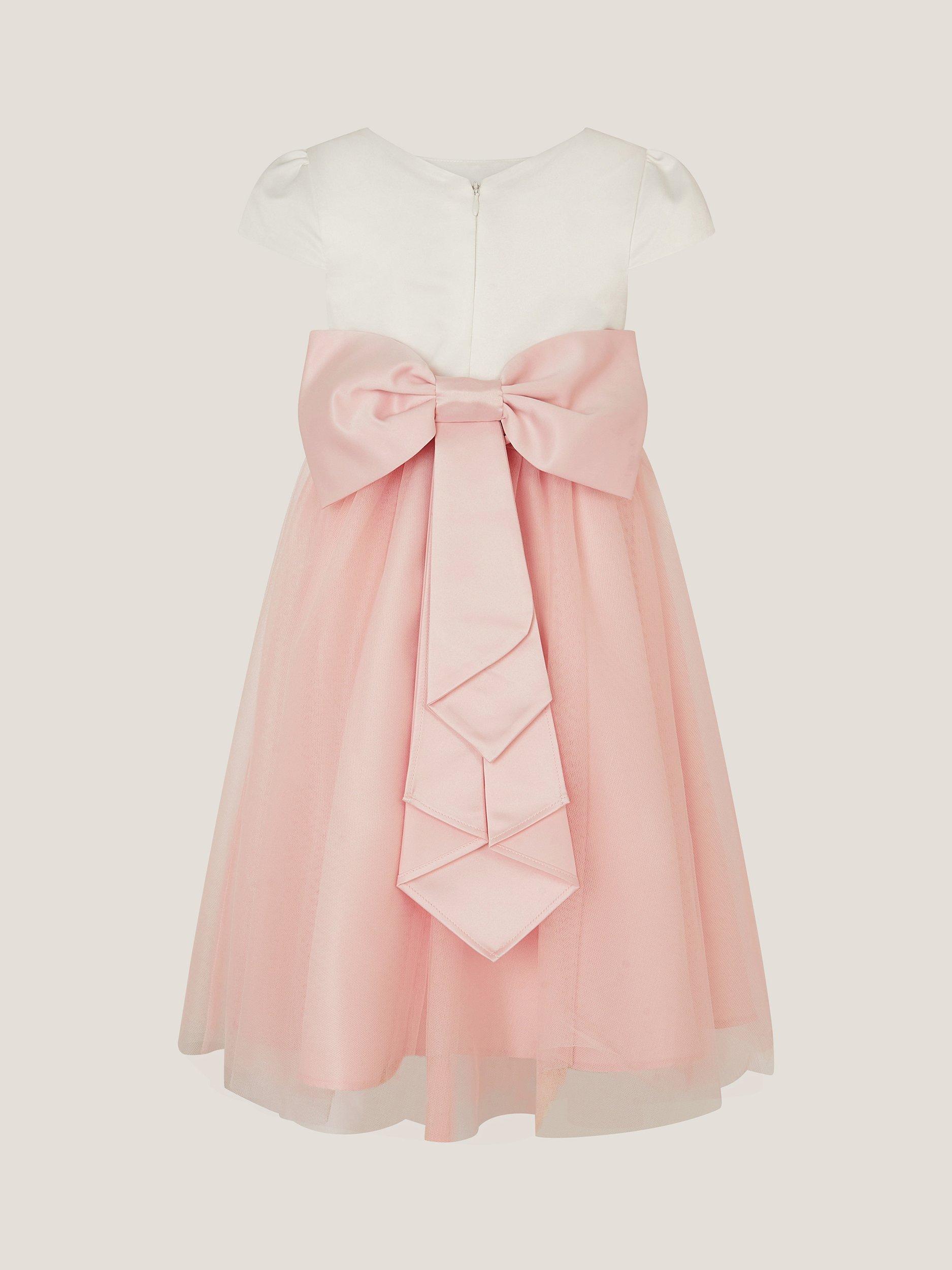 Product image 2 of 3, which shows Monsoon Kids' Satin Tulle Short Sleeved Bridesmaid Dress, Pink, 3 years