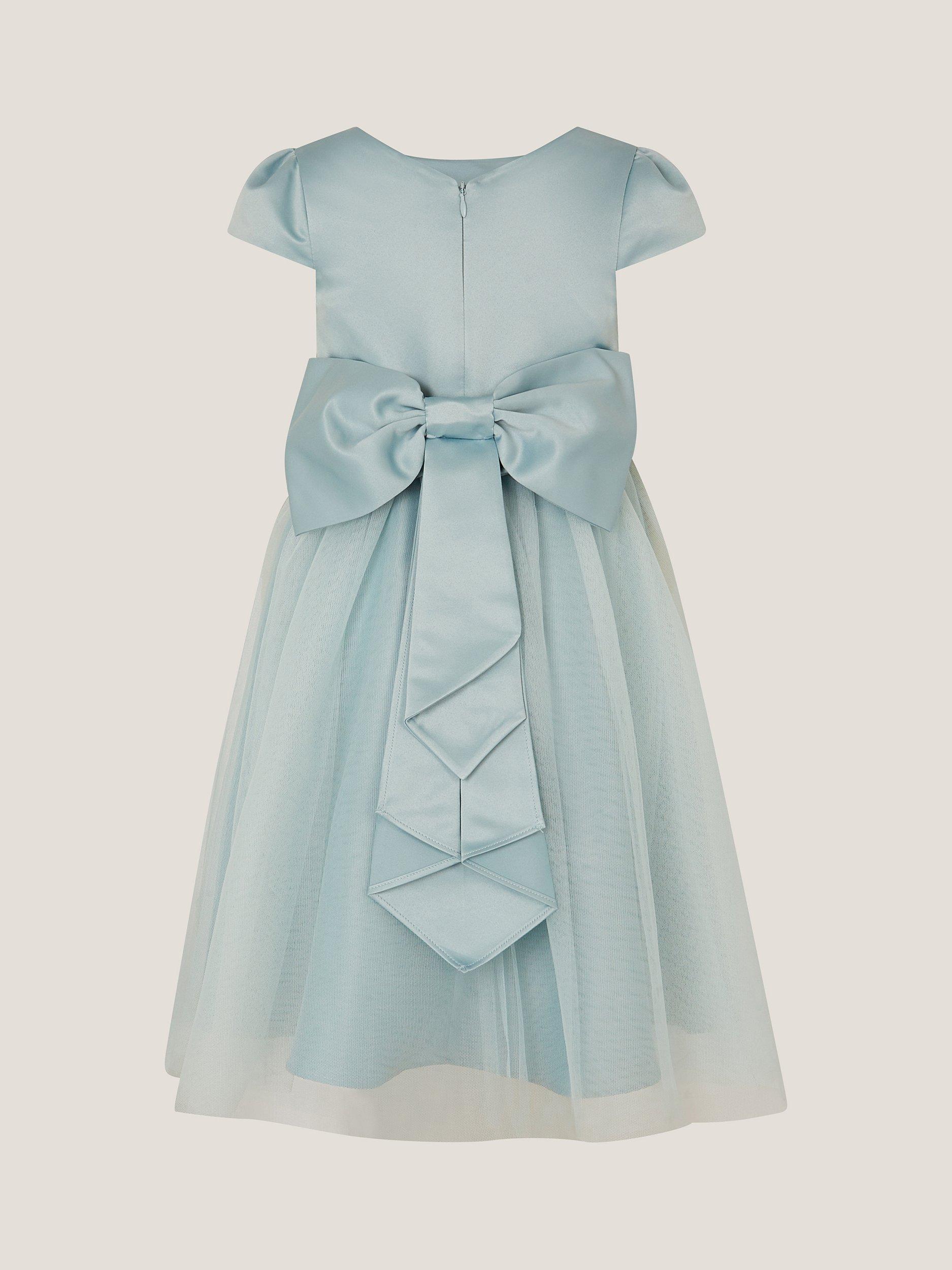 Product image 2 of 3, which shows Monsoon Kids' Satin Tulle Short Sleeved Bridesmaid Dress, Sage, 3 years