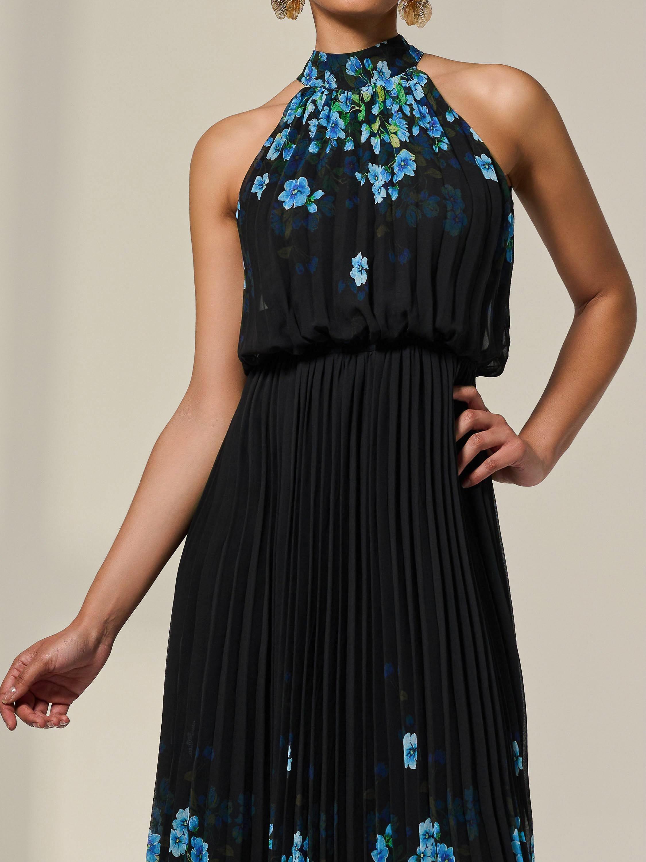 Product image 4 of 6, which shows Jolie Moi Floral Pleated Maxi Dress, Blue, 8