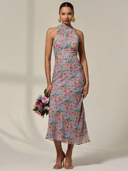 Jolie Moi Floral High Neck Midaxi Dress, Blue, Blue