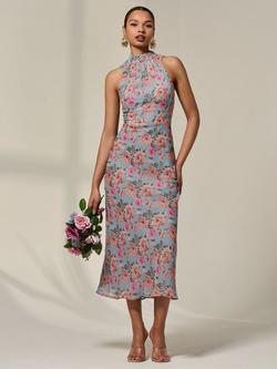 Jolie Moi Floral High Neck Midaxi Dress, Blue - view 2, Blue