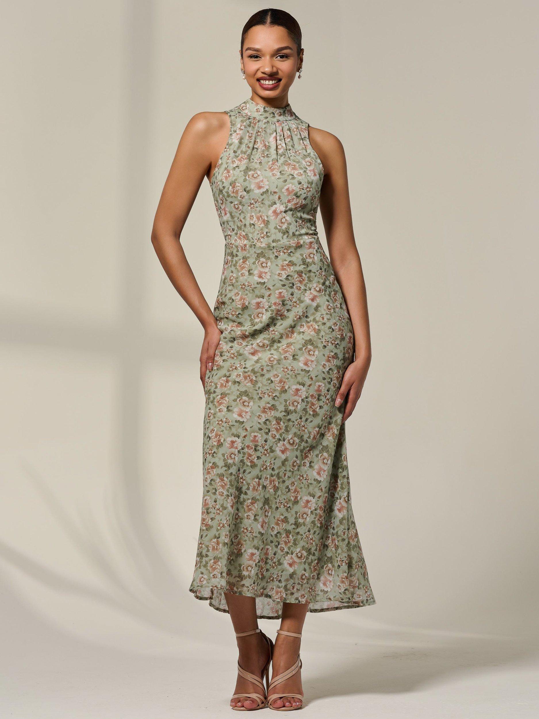 Product image 1 of 6, which shows Jolie Moi Floral Chiffon Midaxi Dress, Green, 8