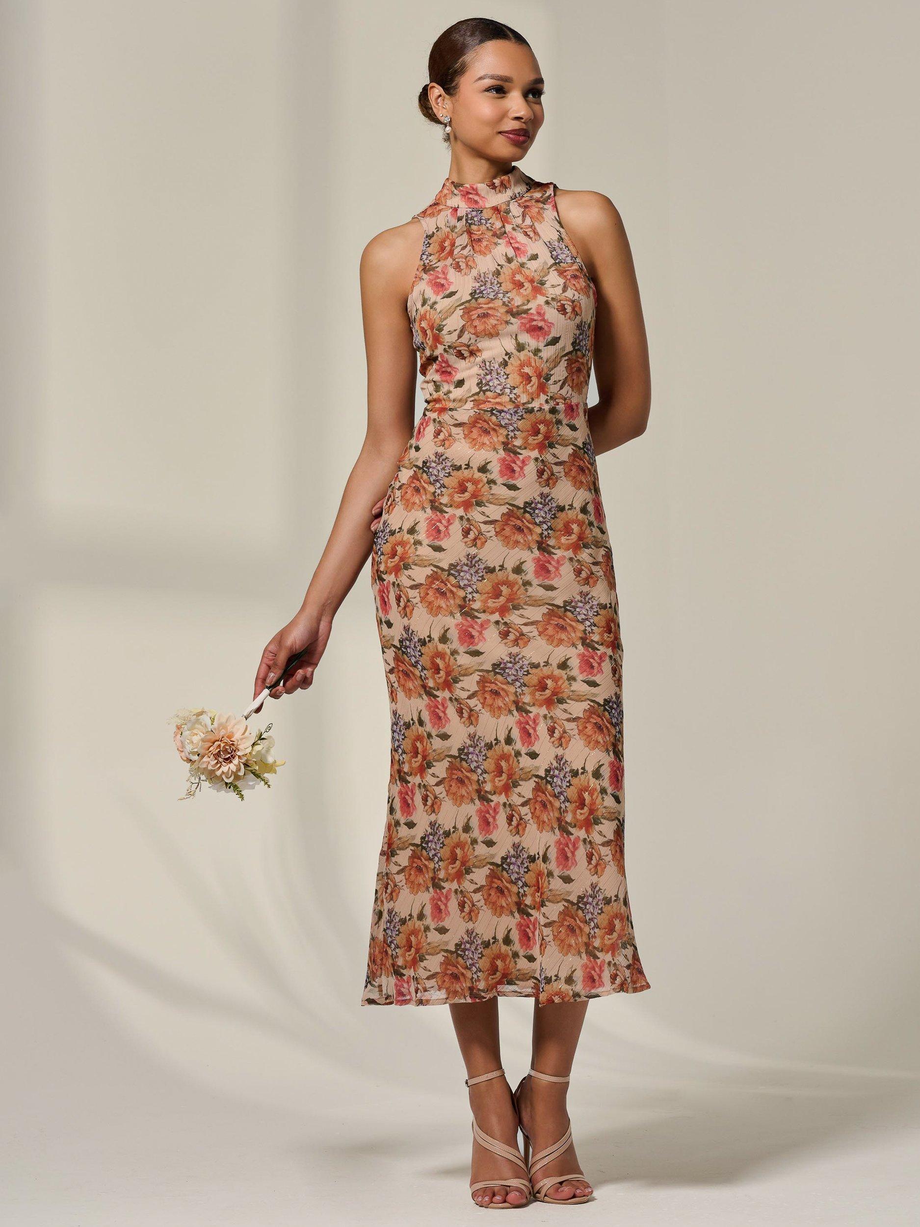 Product image 1 of 6, which shows Jolie Moi Floral Chiffon Midaxi Dress, Beige, 8