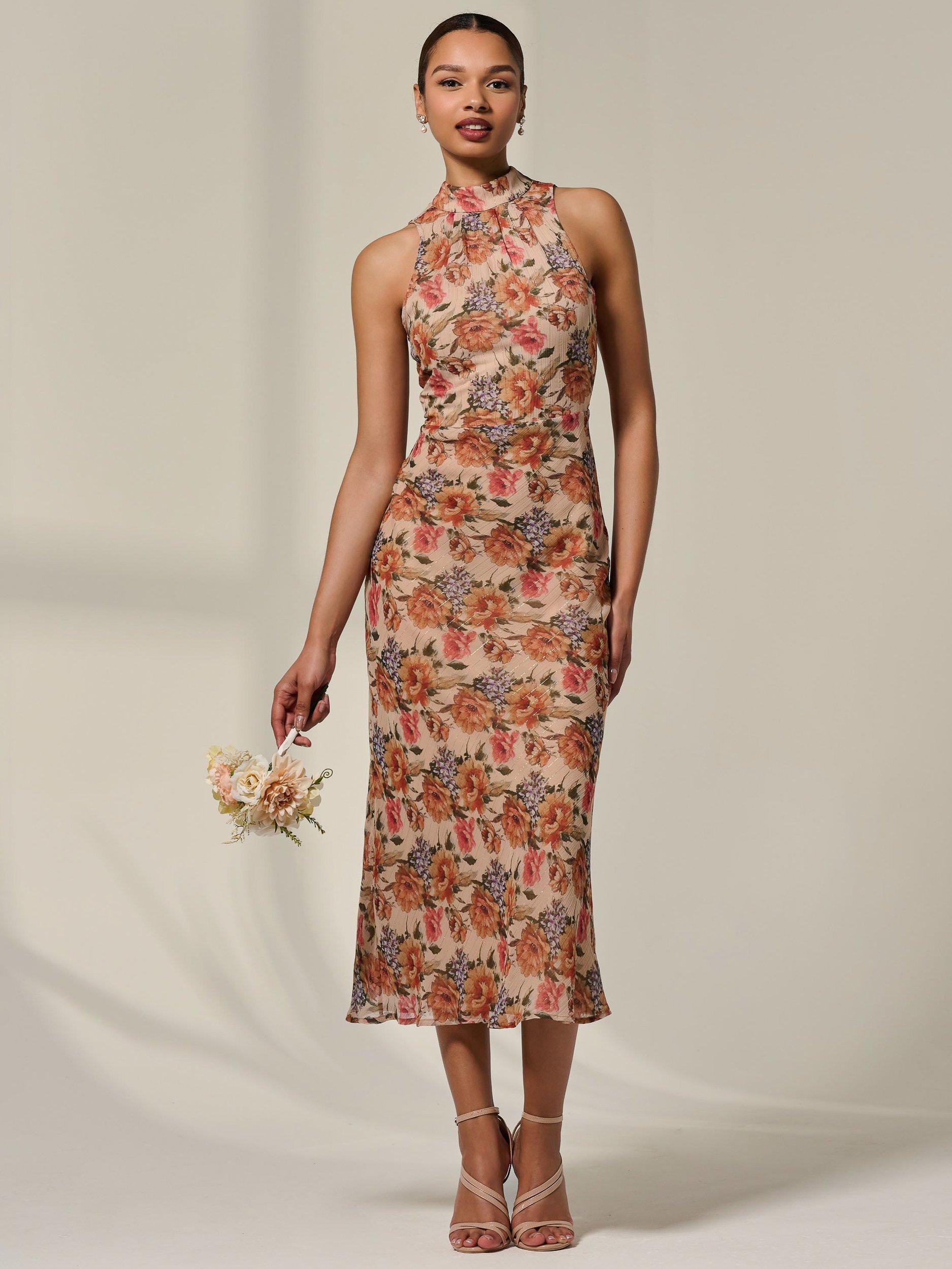 Product image 2 of 6, which shows Jolie Moi Floral Chiffon Midaxi Dress, Beige, 8