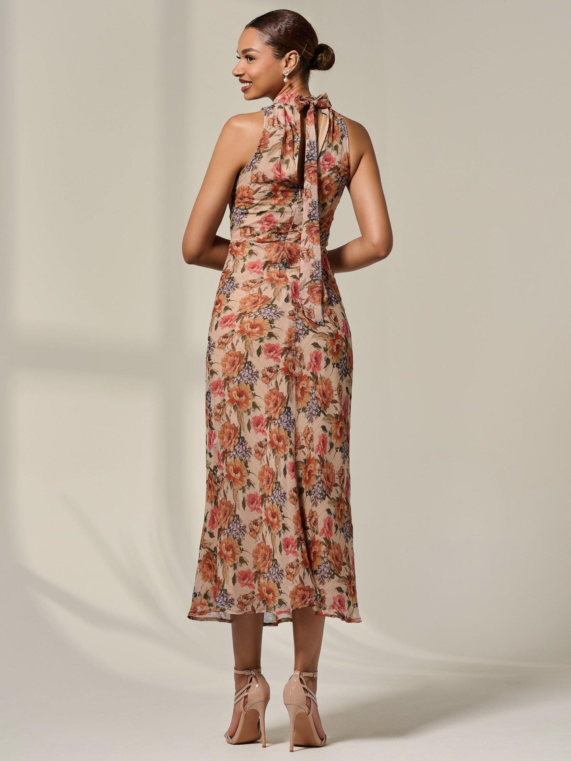 Product image 3 of 6, which shows Jolie Moi Floral Chiffon Midaxi Dress, Beige, 8