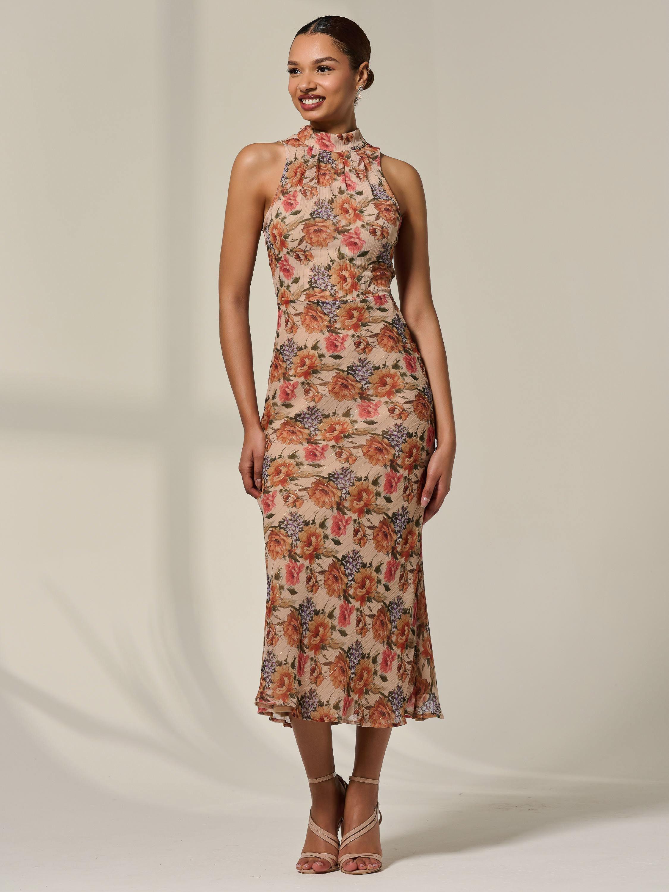 Product image 5 of 6, which shows Jolie Moi Floral Chiffon Midaxi Dress, Beige, 8