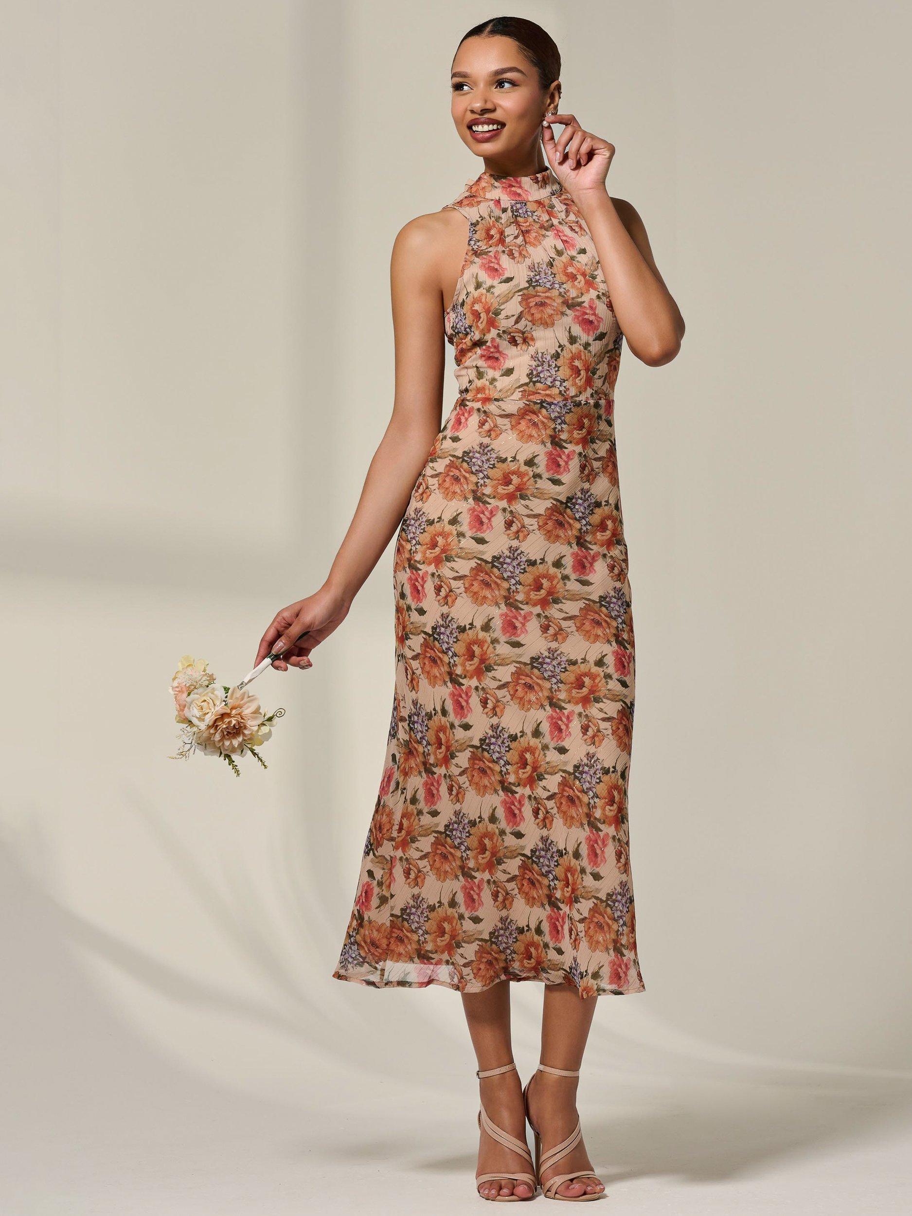Product image 6 of 6, which shows Jolie Moi Floral Chiffon Midaxi Dress, Beige, 8