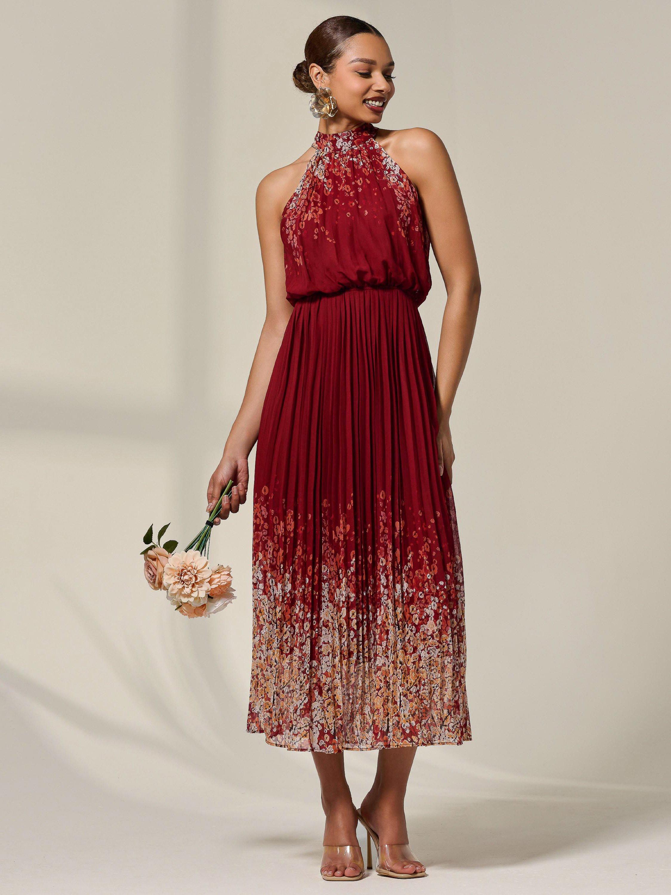 Product image 3 of 6, which shows Jolie Moi Floral Halterneck Maxi Dress, Red, 8