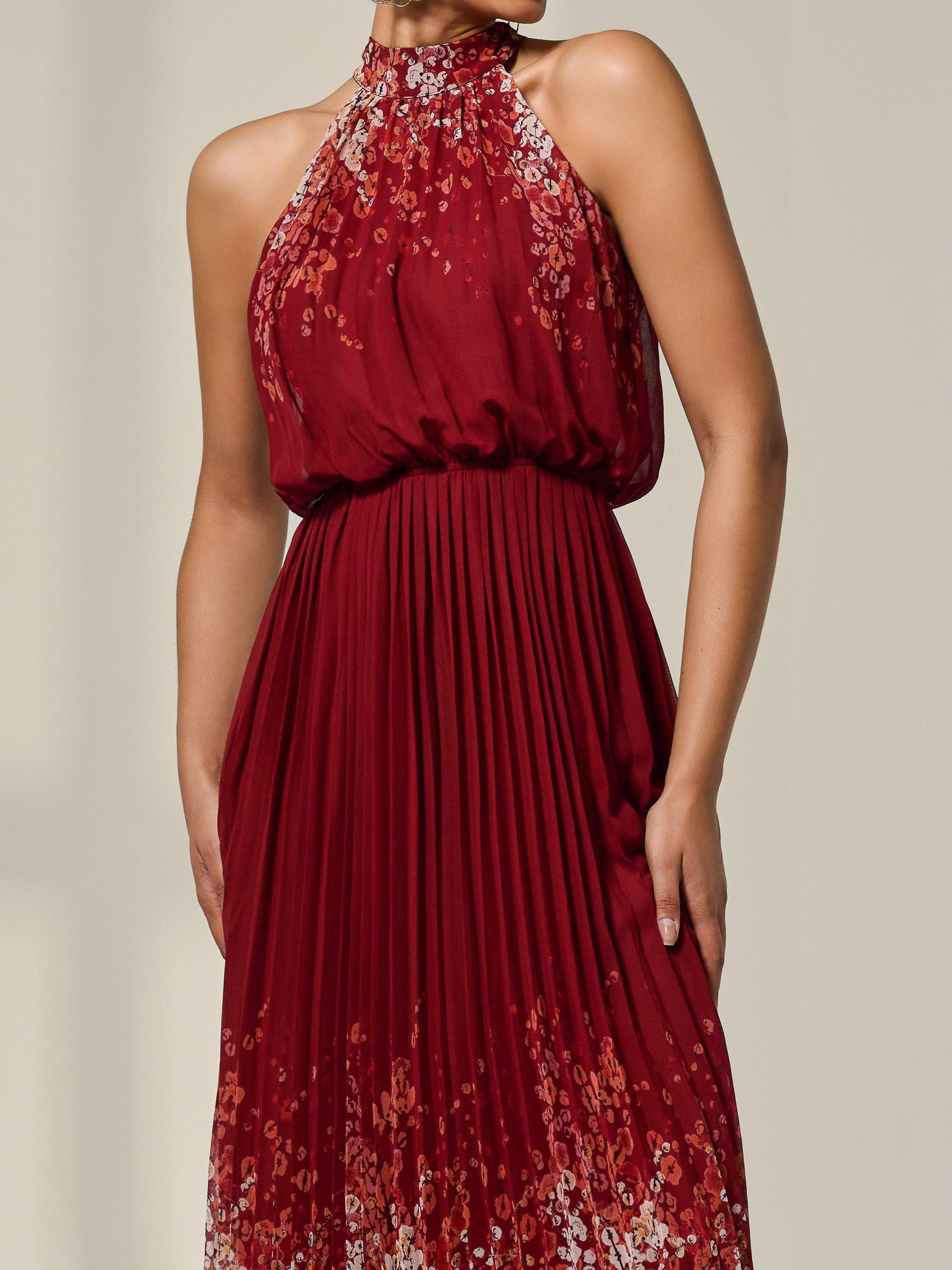 Product image 4 of 6, which shows Jolie Moi Floral Halterneck Maxi Dress, Red, 8