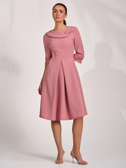 Jolie Moi Round Collar Midi Dress, Mauve Pink, Mauve Pink