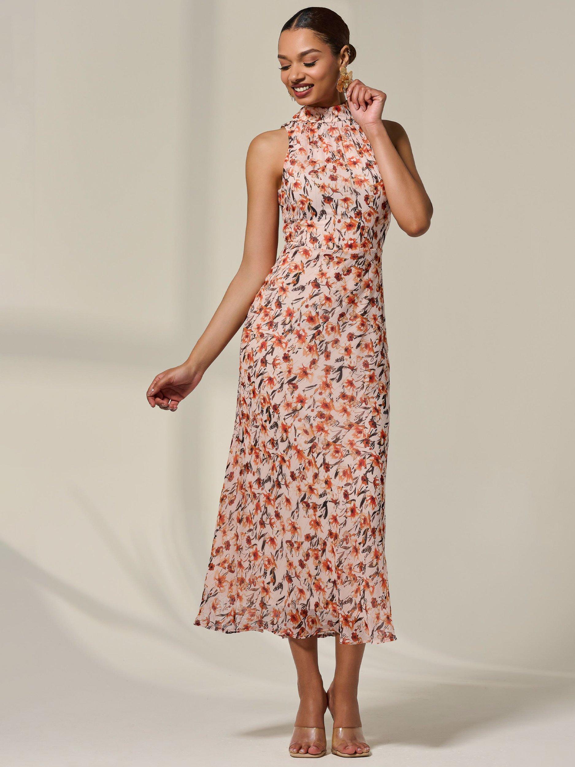 Product image 2 of 6, which shows Jolie Moi Floral High Neck Midaxi Dress, Orange, 8