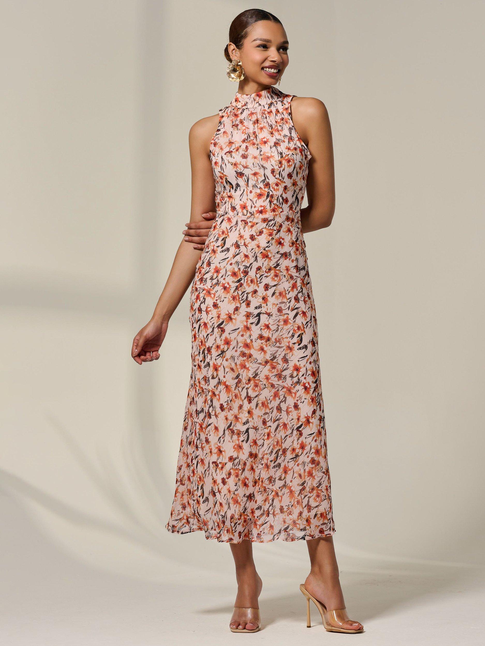 Product image 5 of 6, which shows Jolie Moi Floral High Neck Midaxi Dress, Orange, 8