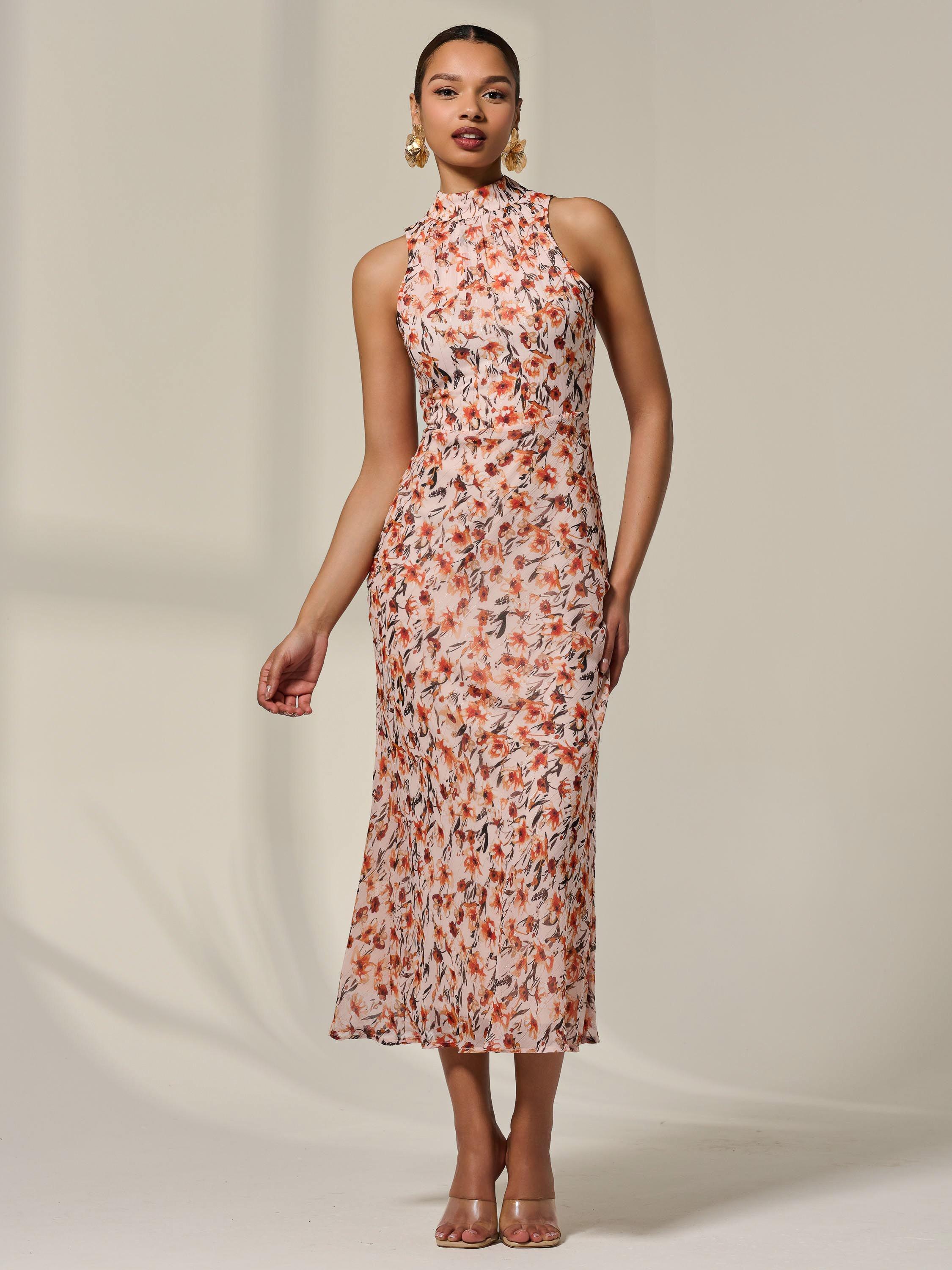 Product image 6 of 6, which shows Jolie Moi Floral High Neck Midaxi Dress, Orange, 8