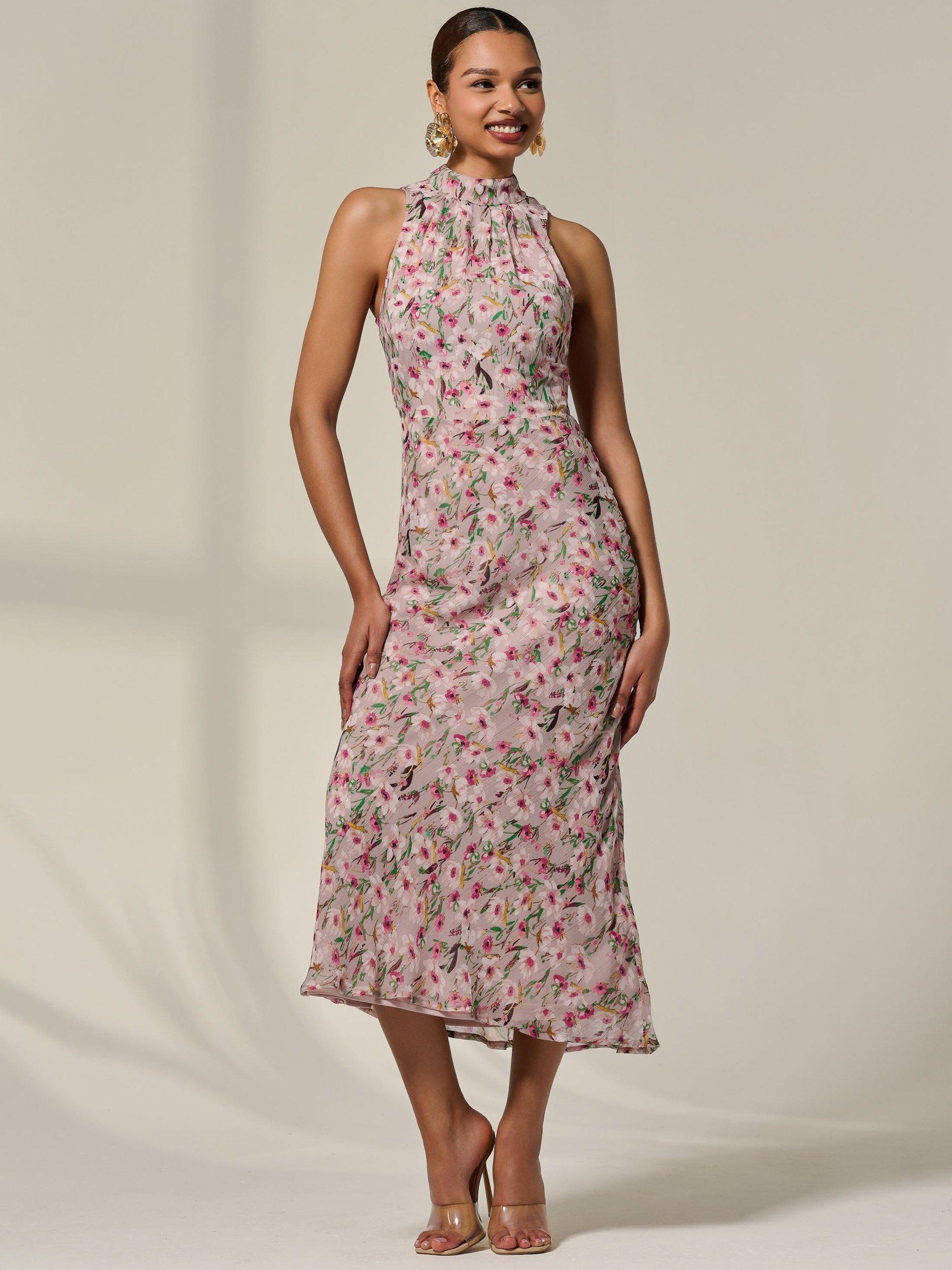 Product image 1 of 6, which shows Jolie Moi Floral Halterneck Midaxi Dress, Purple, 18