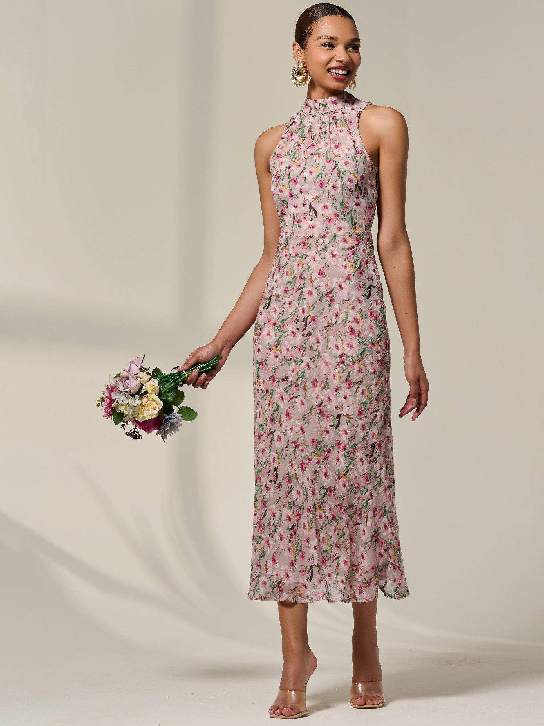 Product image 5 of 6, which shows Jolie Moi Floral Halterneck Midaxi Dress, Purple, 18