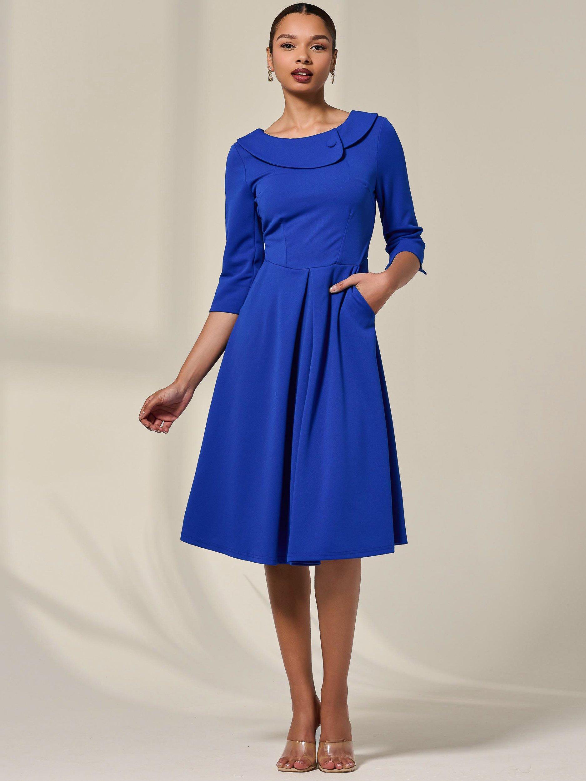 Product image 1 of 7, which shows Jolie Moi Round Collar Midi Dress, Royal Blue, 10