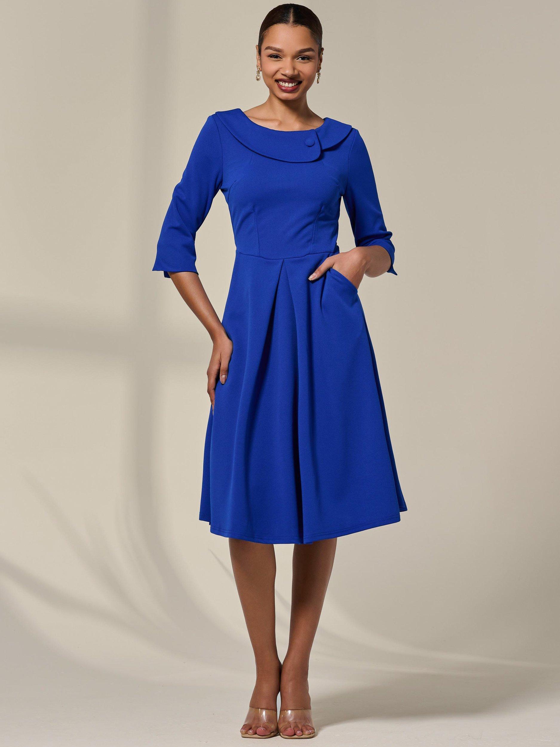 Product image 3 of 7, which shows Jolie Moi Round Collar Midi Dress, Royal Blue, 10