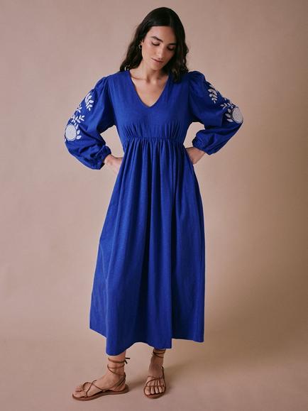 Cape Cove Pomegranate Embroidered Sleeve Dress, Blue, Blue
