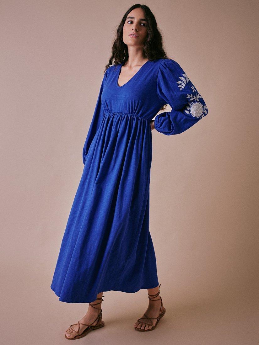 Product image 2 of 7, which shows Cape Cove Pomegranate Embroidered Sleeve Dress, Blue, XS