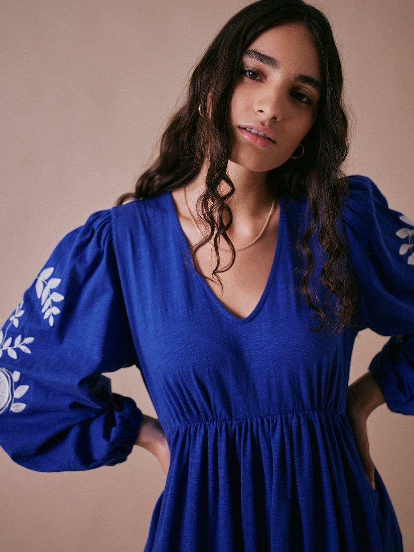 Product image 3 of 7, which shows Cape Cove Pomegranate Embroidered Sleeve Dress, Blue, XS
