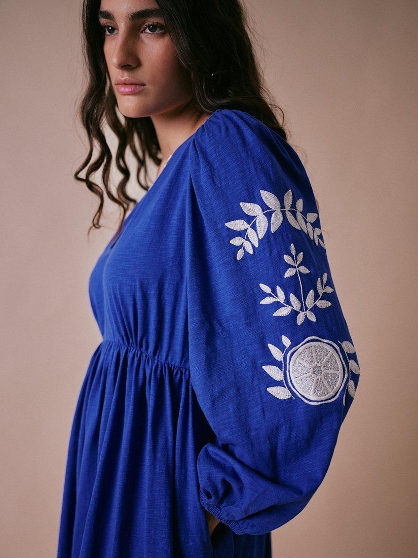 Product image 5 of 7, which shows Cape Cove Pomegranate Embroidered Sleeve Dress, Blue, XS