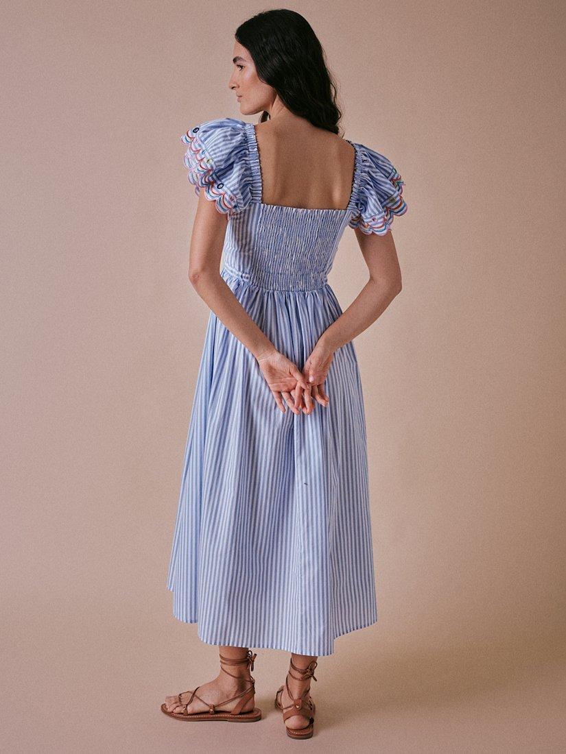 Product image 3 of 6, which shows Cape Cove Stripe Scallop Detail Tiered Dress, Blue/White, XS