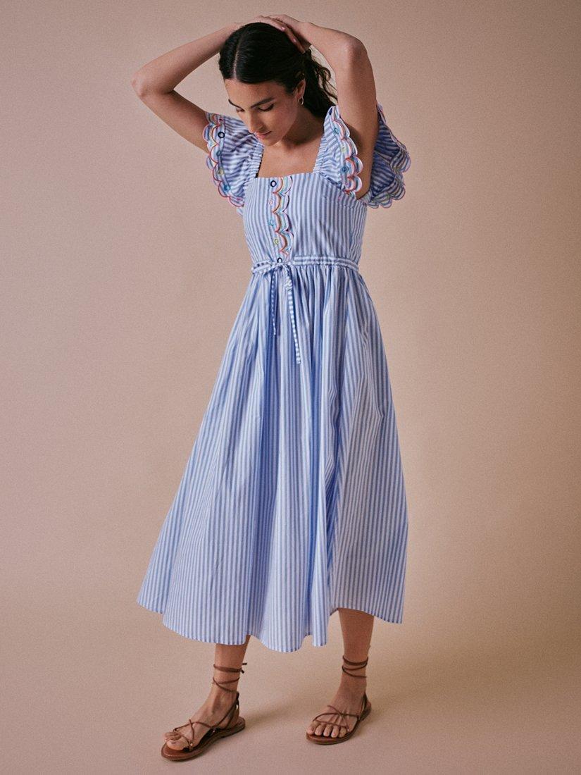 Product image 4 of 6, which shows Cape Cove Stripe Scallop Detail Tiered Dress, Blue/White, XS