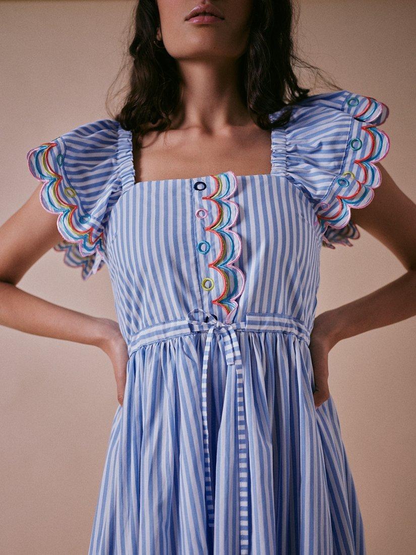 Product image 5 of 6, which shows Cape Cove Stripe Scallop Detail Tiered Dress, Blue/White, XS