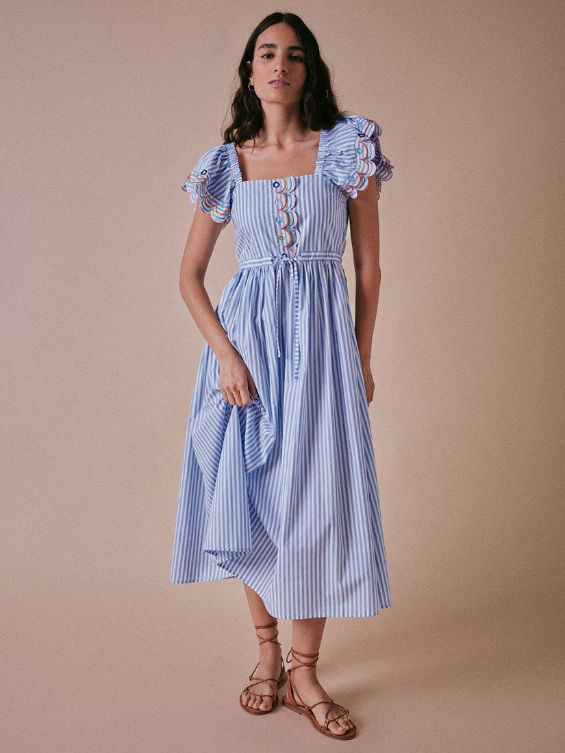 Product image 6 of 6, which shows Cape Cove Stripe Scallop Detail Tiered Dress, Blue/White, XS