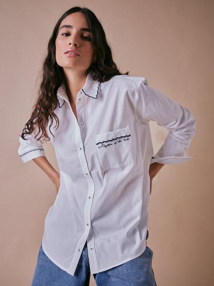 Cape Cove Scallop Contrast Long Sleeve Shirt, White, White