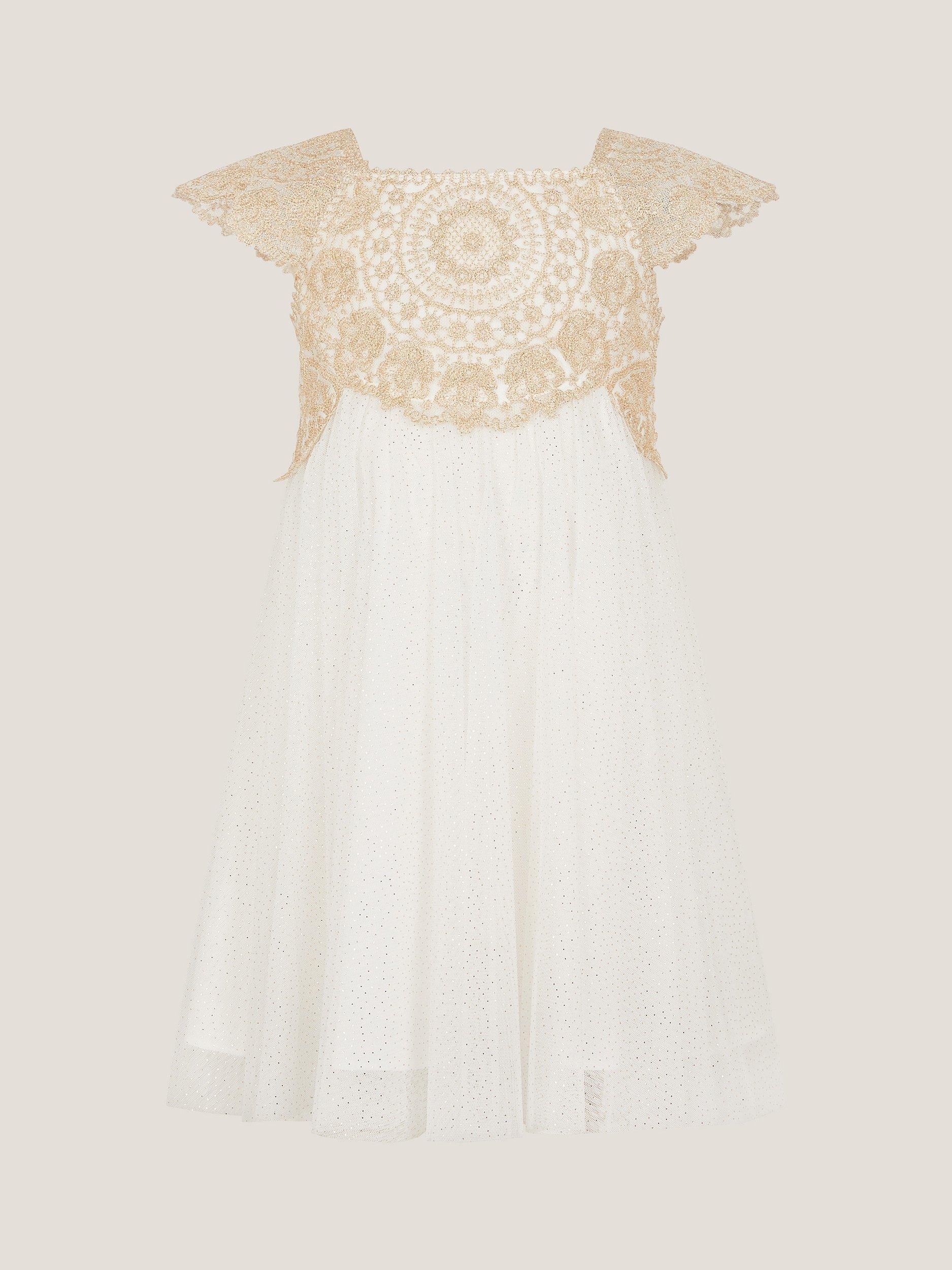 Product image 1 of 3, which shows Monsoon Baby Estella Embroidered Tulle Dress, Gold, 0-3 months