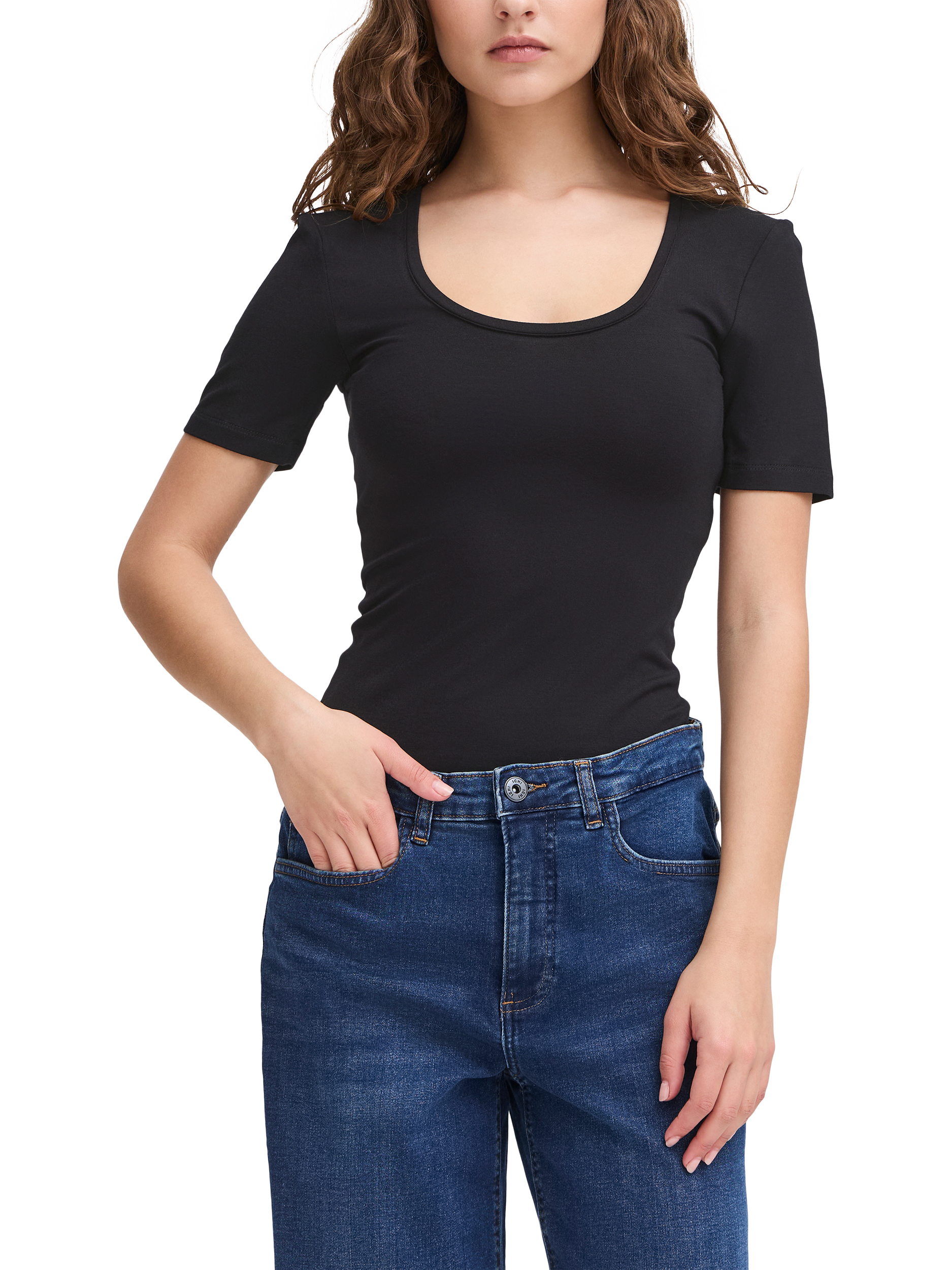 Product image 1 of 7, which shows ICHI Zola Scoop Neck T-Shirt, Black, XS