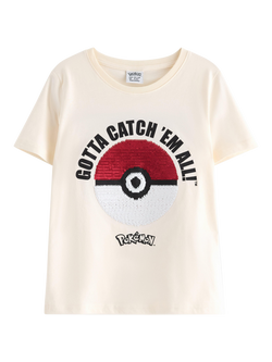 Lindex Kids' Pokemon Sequin T-Shirt, Light Dusty White, Light Dusty White