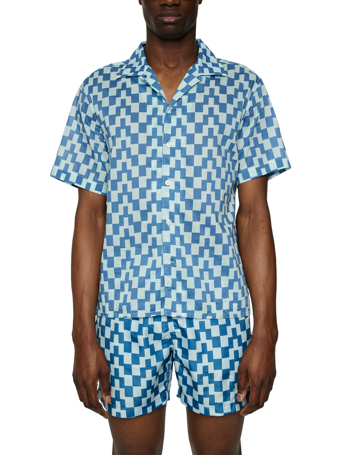 Product image 1 of 5, which shows J.Lindeberg Donso Cotton Regular Fit Abstract Check Revere Collar Shirt, Mid Blue, L