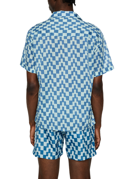 J.Lindeberg Donso Cotton Regular Fit Abstract Check Revere Collar Shirt, Mid Blue - view 2, Mid Blue
