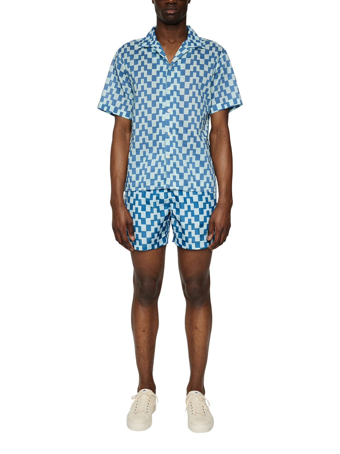 Product image 3 of 5, which shows J.Lindeberg Donso Cotton Regular Fit Abstract Check Revere Collar Shirt, Mid Blue, L